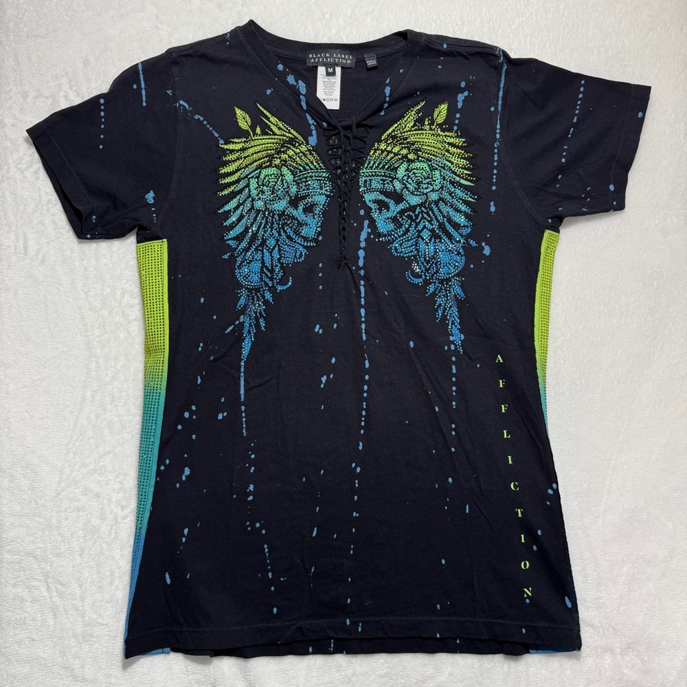 Affliction Black Tee with Vibrant Blue and Green Crystals Skull Design